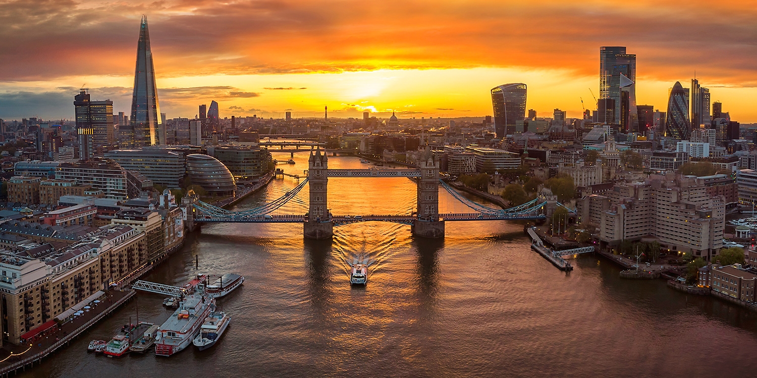 London skyline, featuring Tower Bridge and The Shard