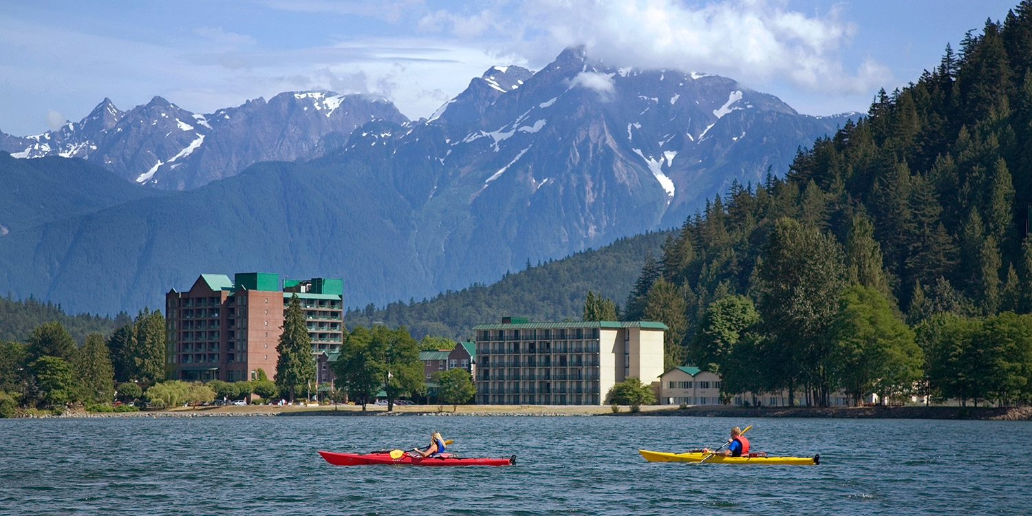 The hotel sits beside Harrison Lake